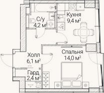 Планировка: 1-к, 36,1 м²