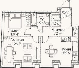 Планировка: 2-к, 60,1 м²
