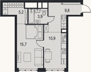 Планировка: 1-к, 45,5 м²