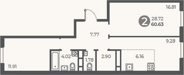 Планировка: 2-к, 60,6 м²