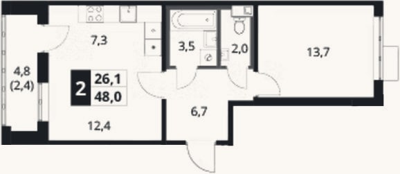 Планировка: 2-к, 45,6 м²