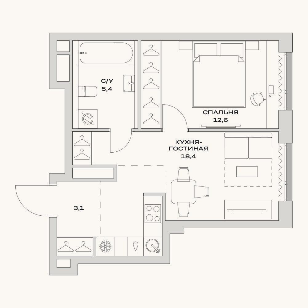 Планировка: 2-к, 39,5 м²