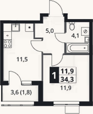 Планировка: 1-к, 32,5 м²