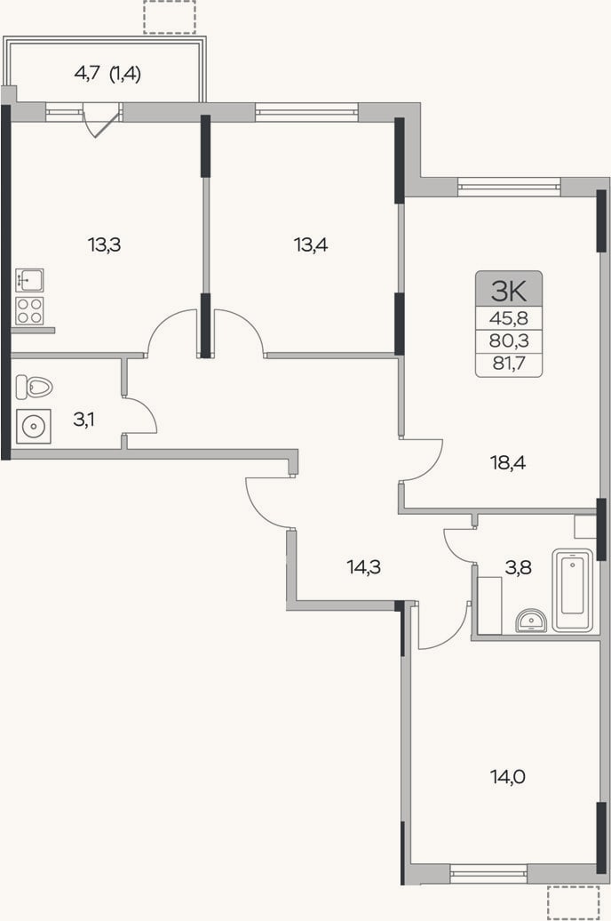 Планировка: 3-к, 80,3 м²