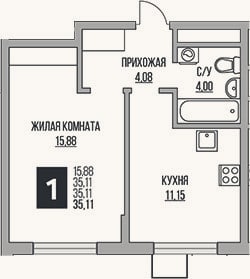 Планировка: 1-к, 35,1 м²