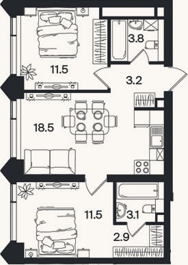 Планировка: 3-к, 54,5 м²