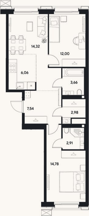 Планировка: 3-к, 64,3 м²
