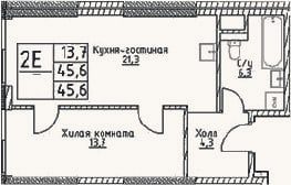 Планировка: 2-к, 45,6 м²