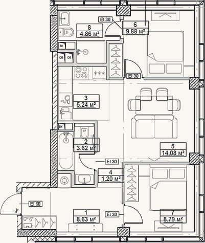 Планировка: 3-к, 56,3 м²