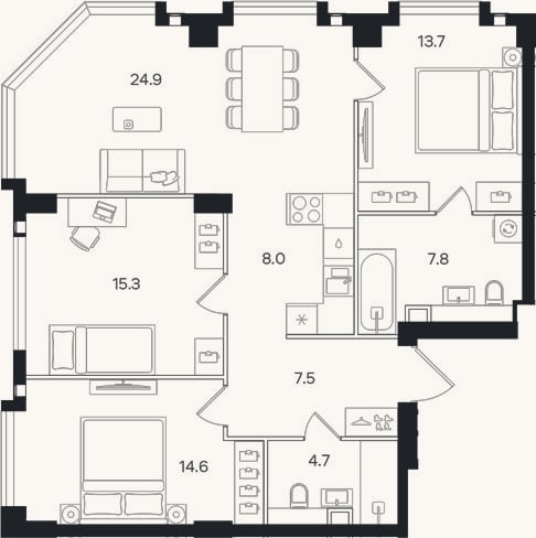 Планировка: 4+ к, 96,5 м²