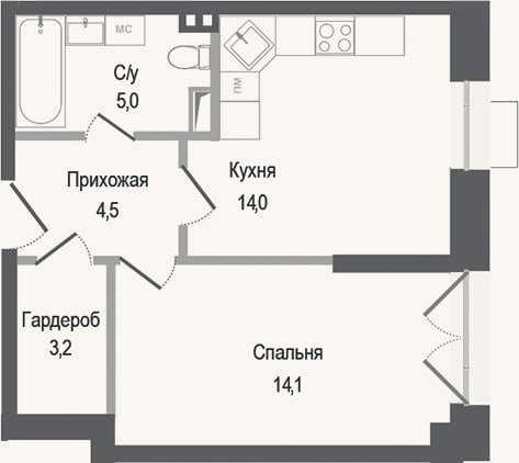 Планировка: 1-к, 40,8 м²