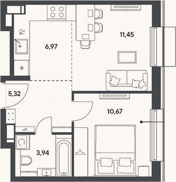 Планировка: 2-к, 38,4 м²