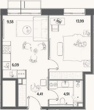 Планировка: 2-к, 39 м²
