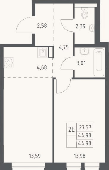 Планировка: 2-к, 45 м²