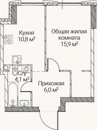 Планировка: 1-к, 36,8 м²