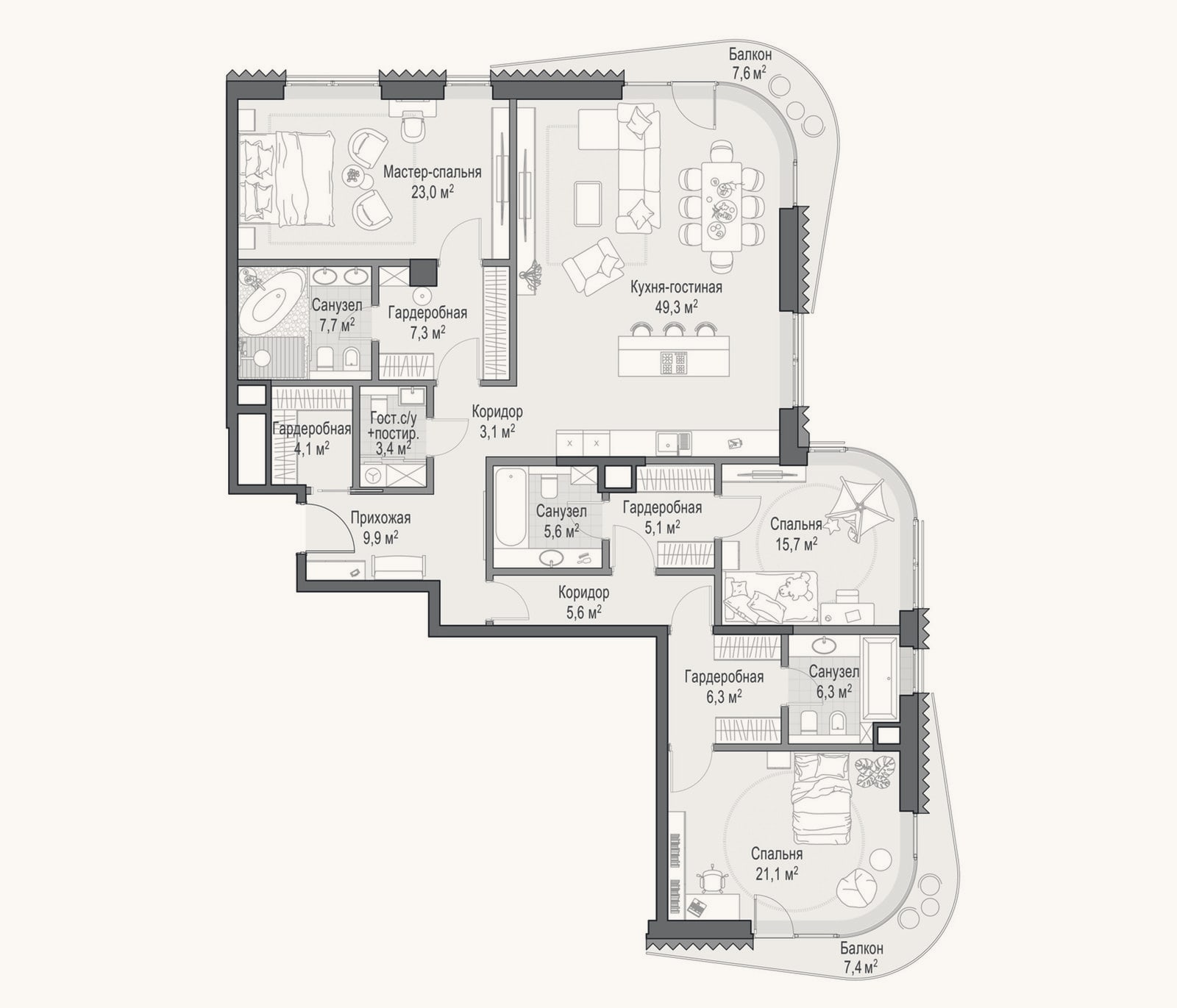 Планировка: 3-к, 173,5 м²