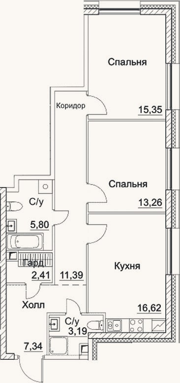 Планировка: 3-к, 75,4 м²