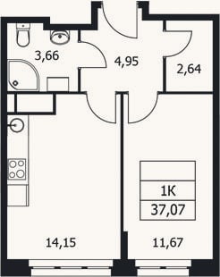 Планировка: 1-к, 37,1 м²
