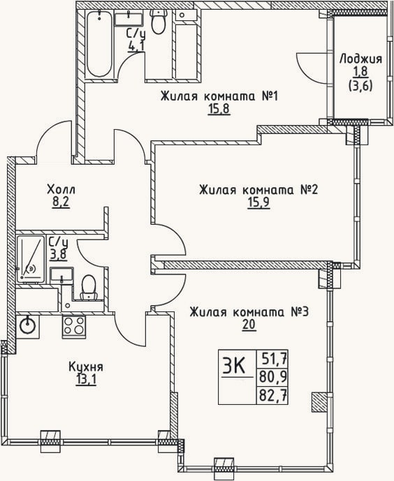 Планировка: 3-к, 80,9 м²