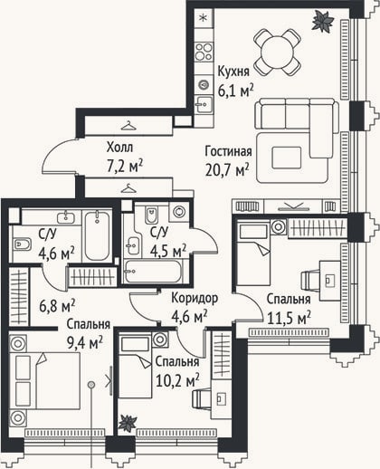 Планировка: 4+ к, 85,6 м²