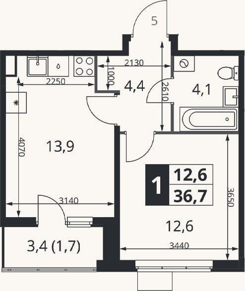 Планировка: 1-к, 35 м²