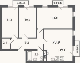 Планировка: 4+ к, 72,6 м²