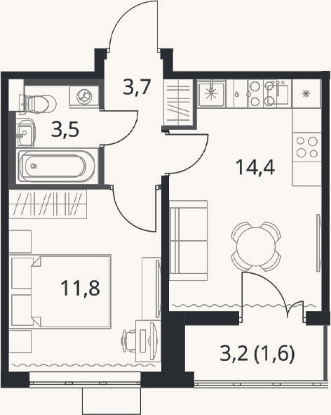 Планировка: 1-к, 33,4 м²