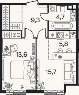 Планировка: 1-к, 43,1 м²