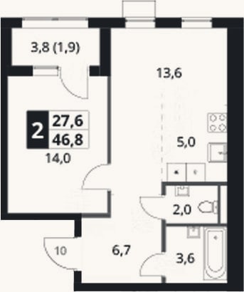 Планировка: 2-к, 44,9 м²