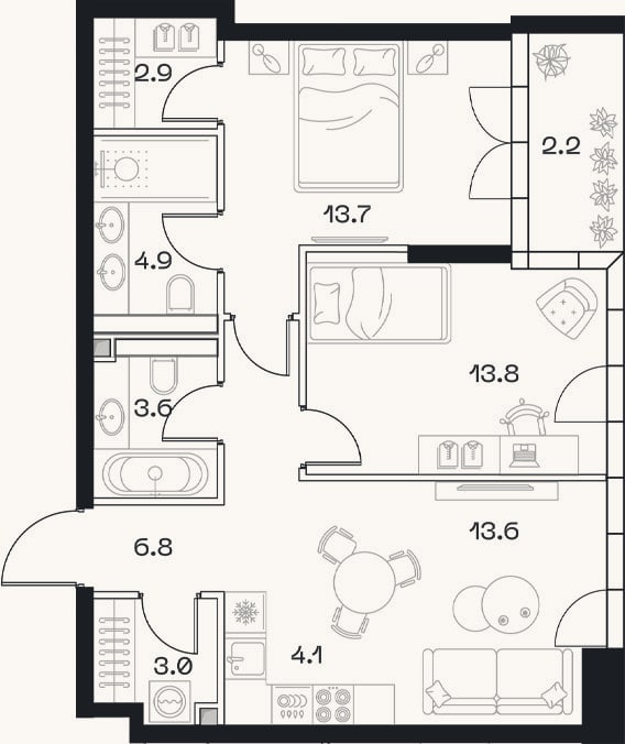 Планировка: 3-к, 66,4 м²