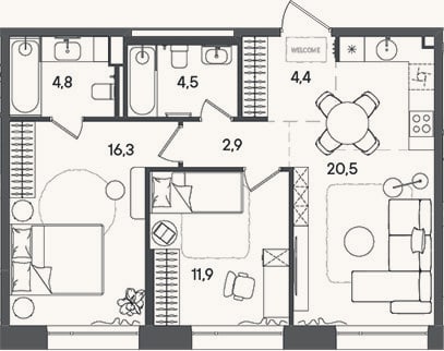 Планировка: 3-к, 65,3 м²