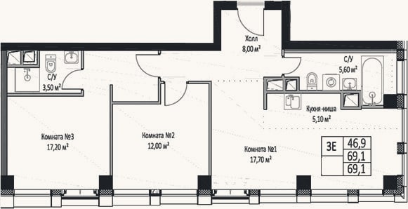 Планировка: 3-к, 69,1 м²
