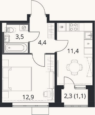 Планировка: 1-к, 32,2 м²