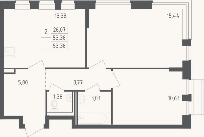 Планировка: 2-к, 53,4 м²