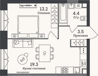 Планировка: 2-к, 40,4 м²