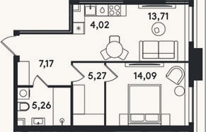 Планировка: 2-к, 49,5 м²