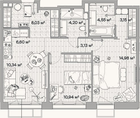 Планировка: 3-к, 65,9 м²