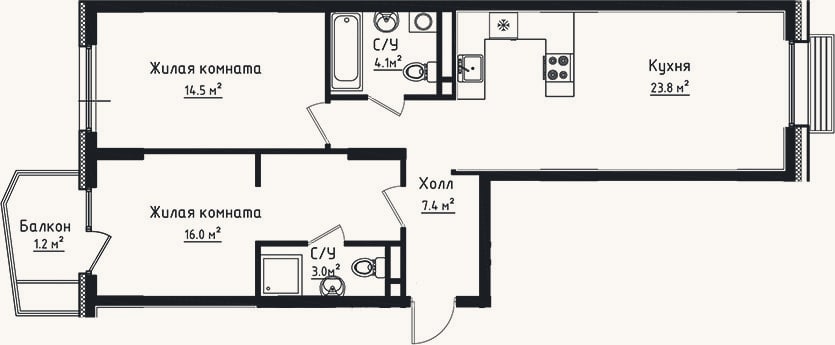 Планировка: 2-к, 68,8 м²
