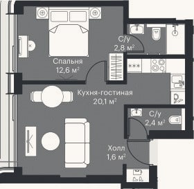 Планировка: 2-к, 38,4 м²
