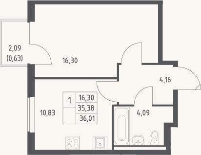 Планировка: 1-к, 35,4 м²