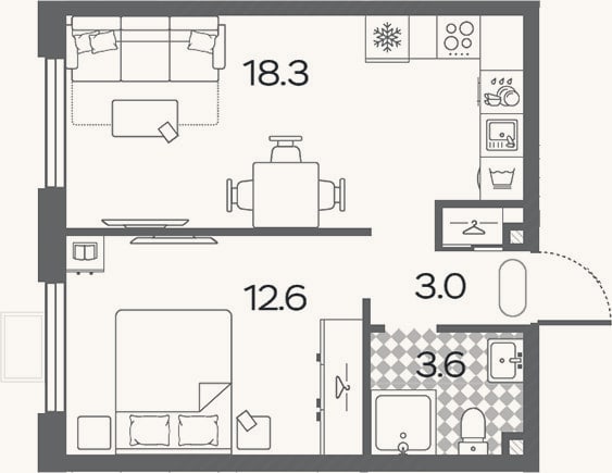 Планировка: 2-к, 37,5 м²