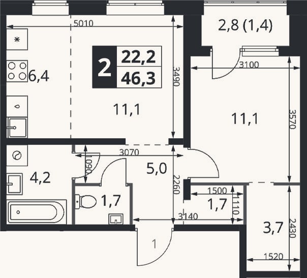 Планировка: 2-к, 44,9 м²