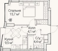 Планировка: 1-к, 33,4 м²