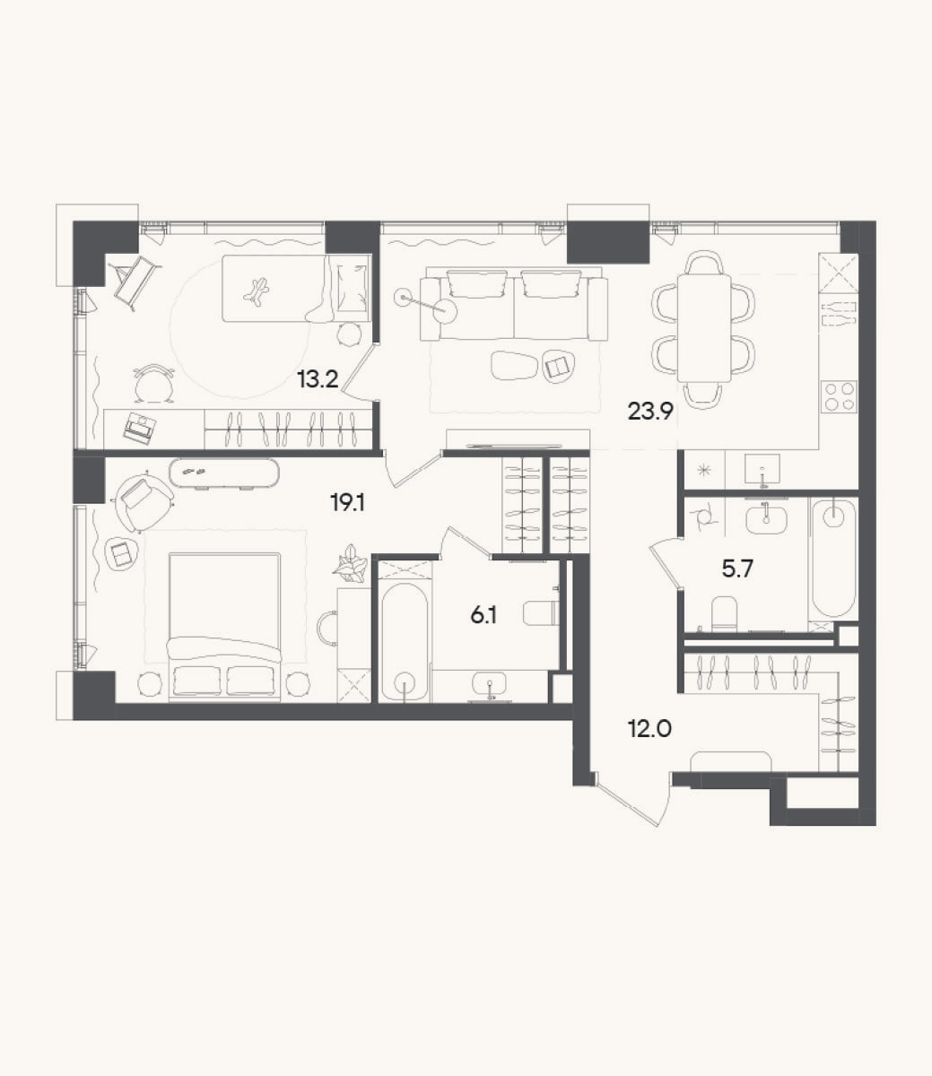 Планировка: 3-к, 80 м²