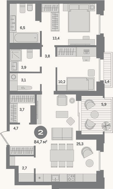 Планировка: 2-к, 78,7 м²