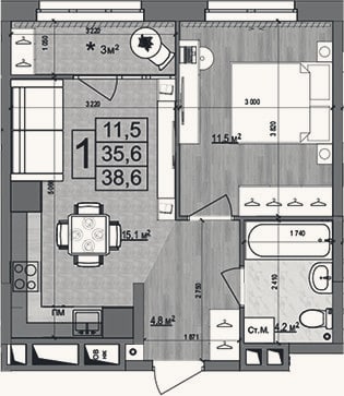 Планировка: 2-к, 35,6 м²