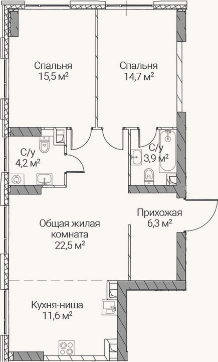 Планировка: 3-к, 78,7 м²