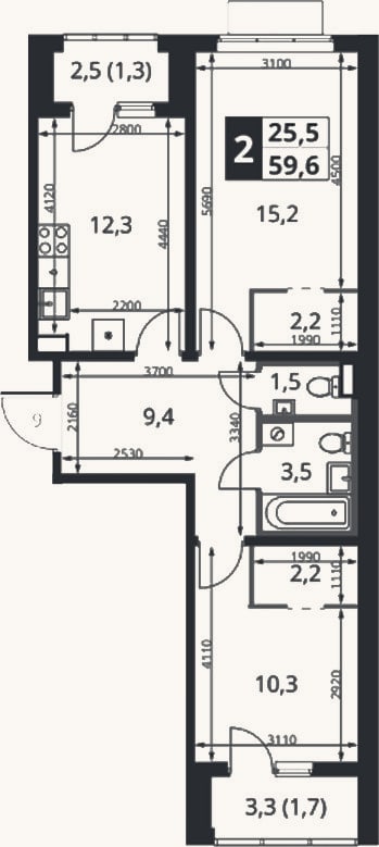 Планировка: 2-к, 56,6 м²