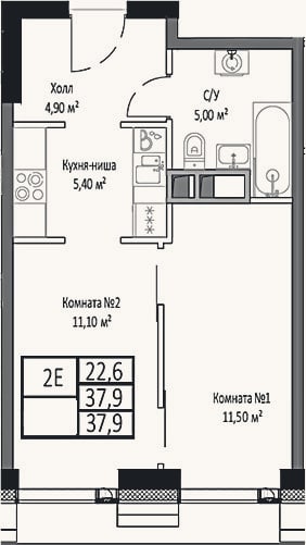 Планировка: 2-к, 37,9 м²