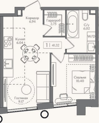 Планировка: 2-к, 41,3 м²